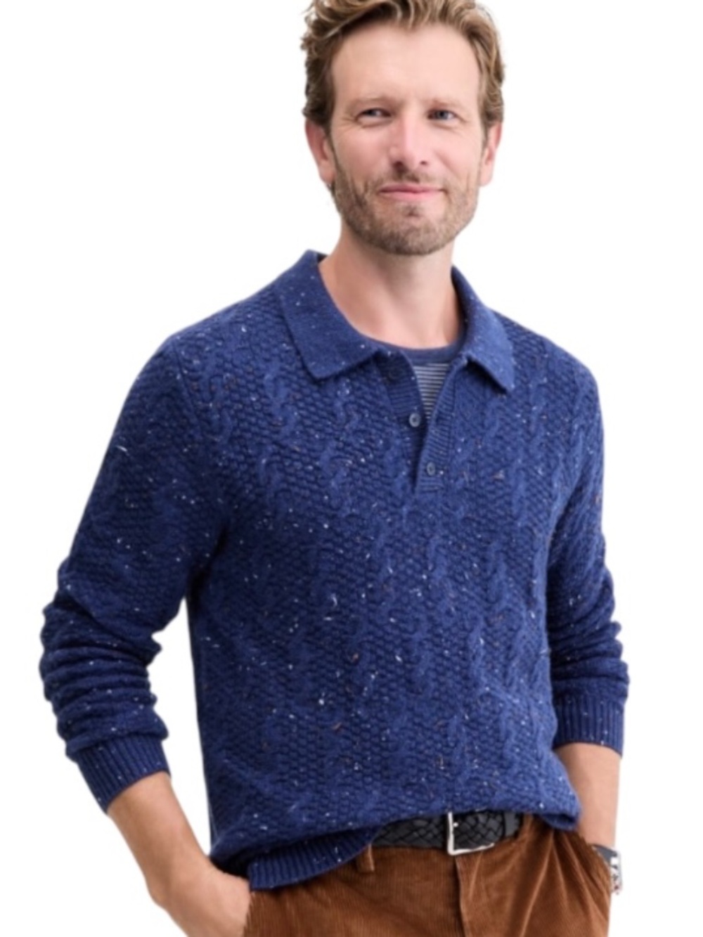 Club Room Men's Donegal Cable-Knit Polo Sweater, Navy Blue Size L - NWT